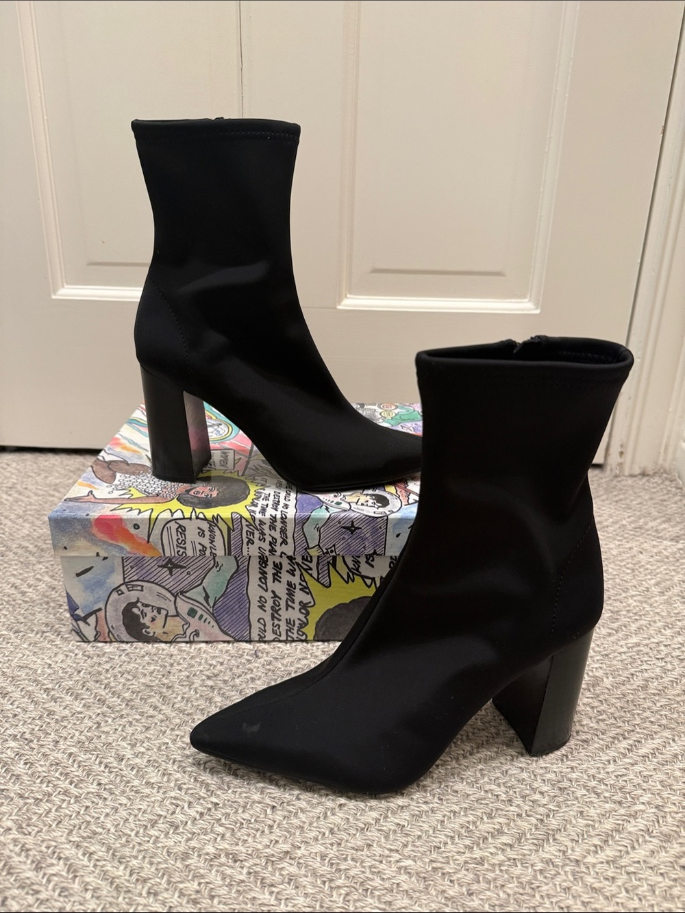Jeffrey Campbell Black Stretch Sock Ankle Boots with Block Heel